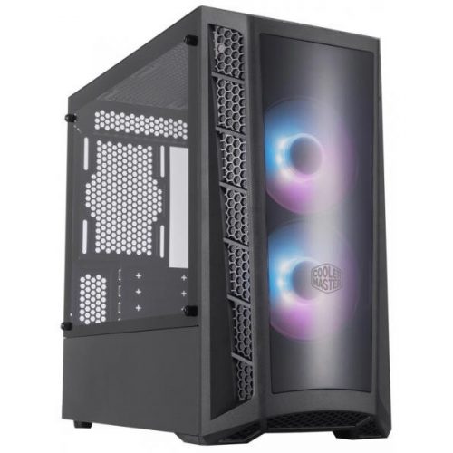 COOLER MASTER Ház Mini Tower ATX MASTERBOX MB320L ARGB + Kontroller,2db Ventilátorral,Tápegység nélkül, Üvegfalú, fekete