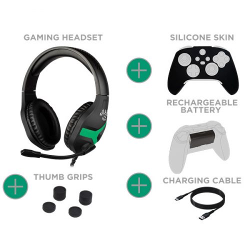 KONIX - MYTHICS Xbox Series S/X Gamer csomag (Fejhallgató + Töltő kábel + Szilikon Tok + Thumb Grips + Aksi), Fekete