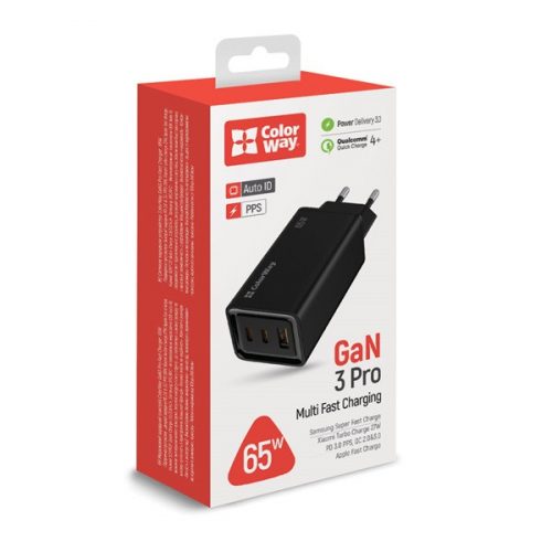 COLORWAY USB töltő adapter, GaN3 Pro Power Delivery (USB-A + 2 USB TYPE-C) (65W) fekete (CW-CHS039PD-BK)