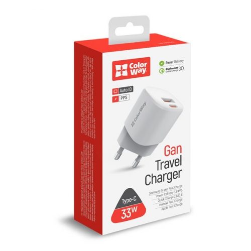 COLORWAY USB töltő adapter, GaN3 Power Delivery Port PPS USB (Type-C PD + USB QC3.0) (33W) fehér (CW-CHS043PD-WT)