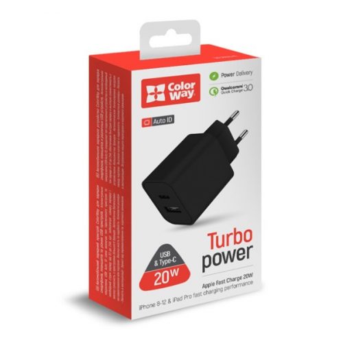 COLORWAY USB töltő adapter, (Type-C PD + USB QC3.0) (20W) V2 black